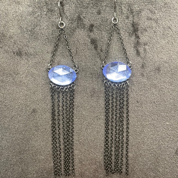 EUC - Blue Mirrored Jewel Chain Pierced Earrings - Blue/Black - Picture 1 of 2